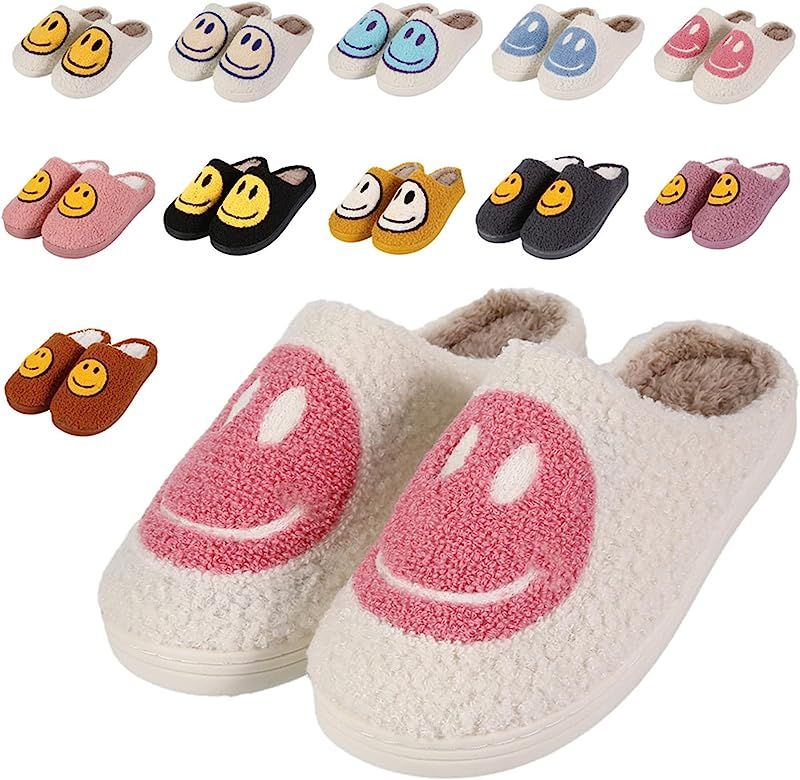 Smile Face Slippers for Women and Men Retro Soft Fluffy Warm Home Non-Slip Couple Style Casual Shoes | Amazon (US)