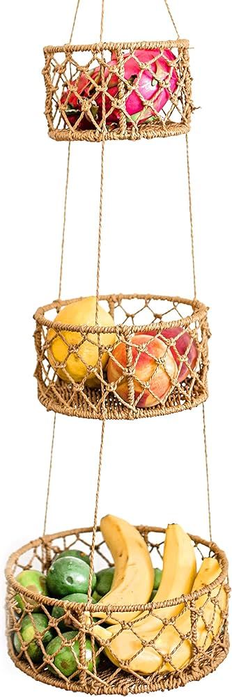 Grey House™ Hanging Fruit Basket - Grass Woven Basket boho 3 Tier | Amazon (US)