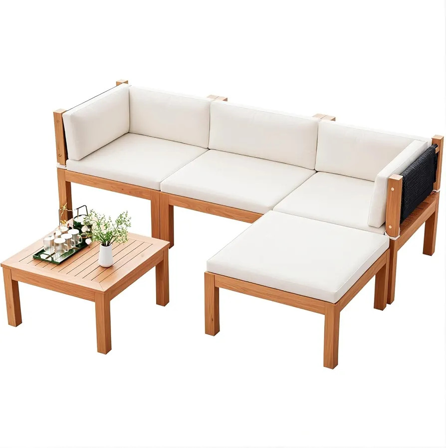 Devoko 5 Pieces Acacia Wood Outdoor Sectional Sofa Set with Coffee Table, Outdoor L-Shaped Couch ... | Amazon (US)