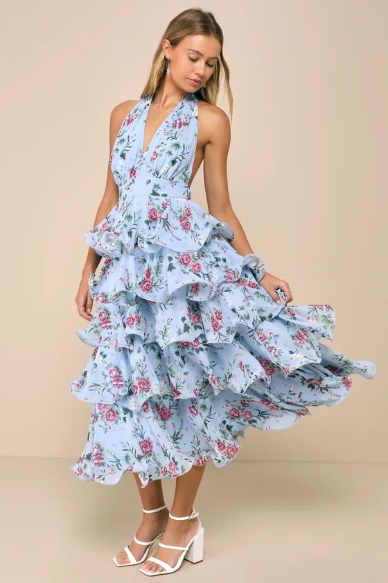 Light Blue Floral Tiered Halter Midi Dress | Summer Dress Casual | Womens Summer Dresses | Lulus