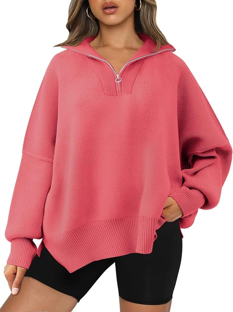 LILLUSORY Women's Oversized Sweaters 2023 Fall Zipper Collared Drop Shoulder Tunic Pullover Split He | Amazon (US)