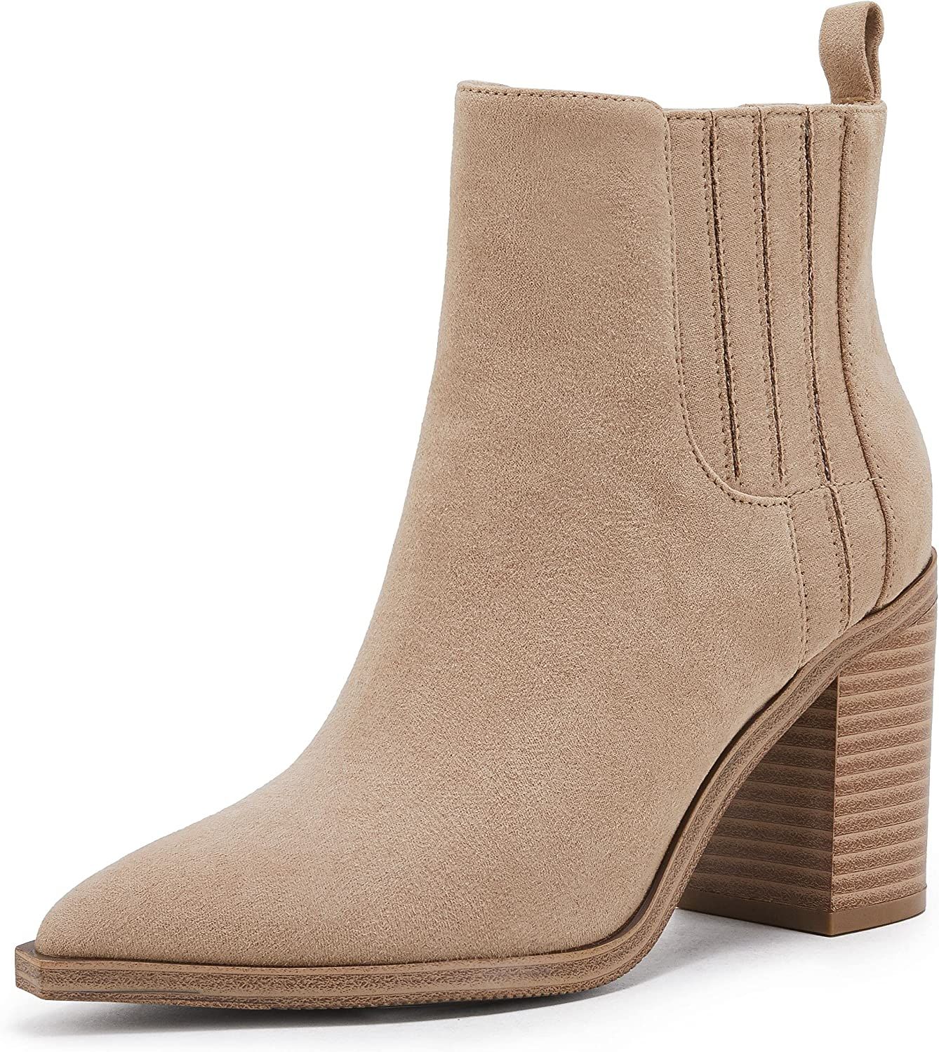 Amazon.com | Womens Ankle Boots Slip on Pointed Toe Chunky Block Mid Heel Leather Elastic Panel C... | Amazon (US)
