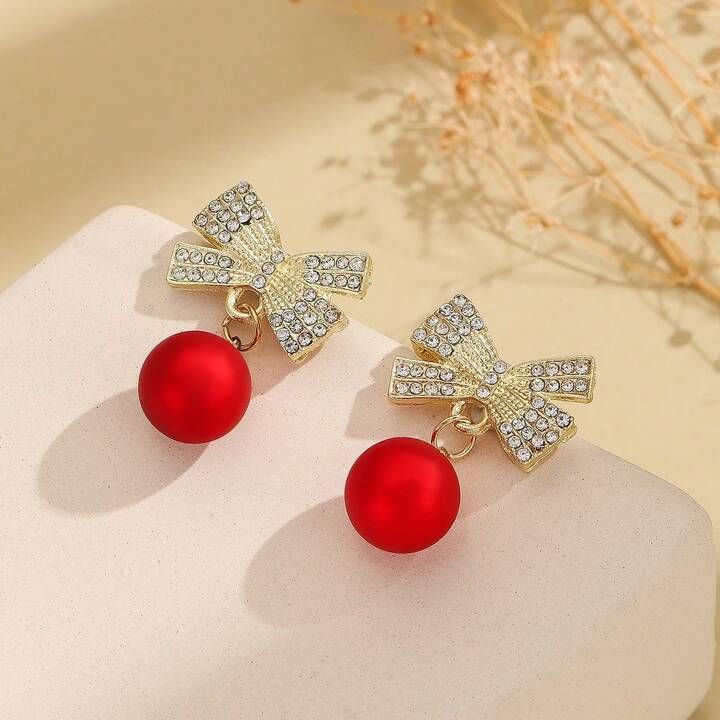 Butterfly Bow With Beaded & Rhinestone Stud Earrings, Christmas Fashion Women's Earrings | SHEIN