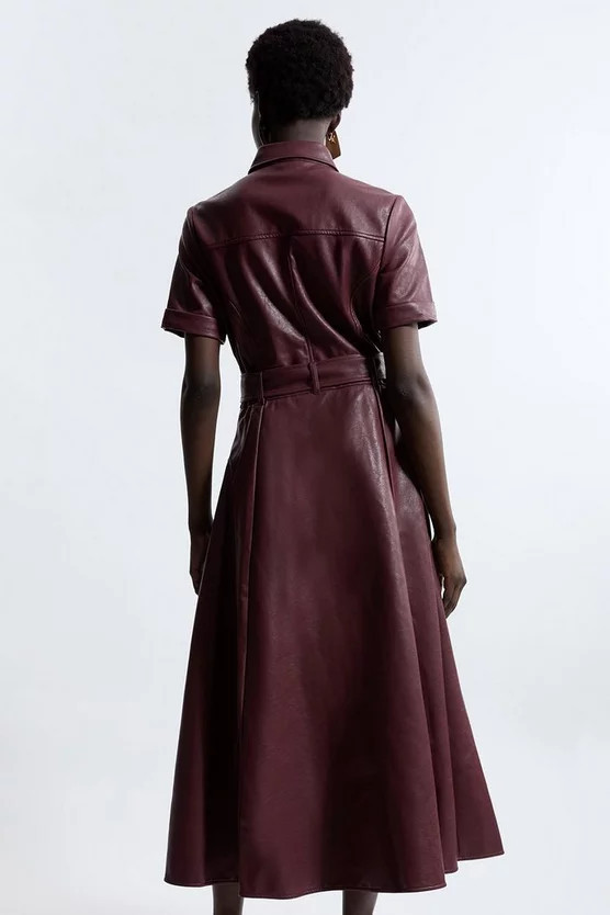 Faux Leather Belted Midi Shirt Dress | Karen Millen UK + IE + DE + NL