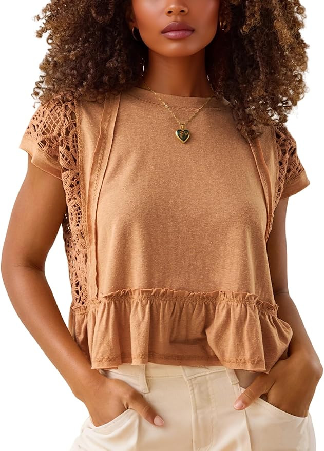 Women's Peplum Tops Lace Crochet Cap Sleeve Crewneck Blouses Slightly Cropped Casual Babydoll Sum... | Amazon (US)