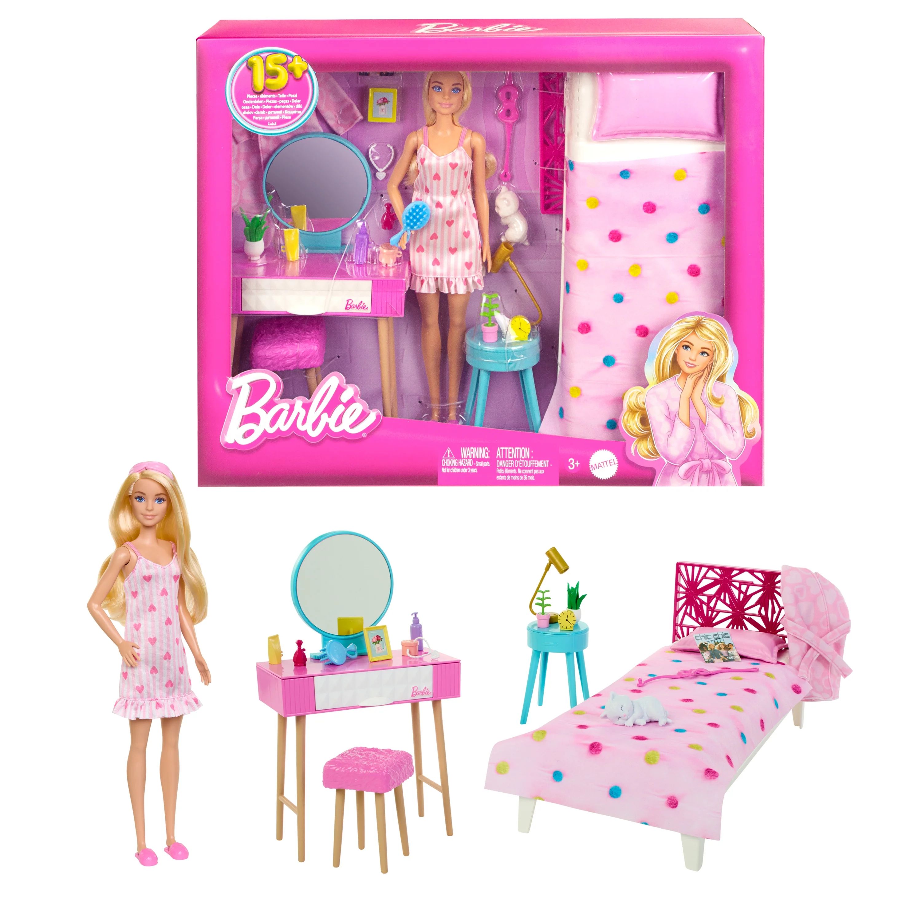 Barbie Doll and Bedroom Playset, Barbie Furniture with 20+ Storytelling Pieces and Accessories | Walmart (US)