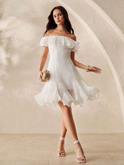 BELROSIE Vestido de mujer nuevo de unicolor con volantes elegante romántico francés de gasa texturizada con volantes en el bajo para boda fiesta blanco verano - Talla M | SHEIN
