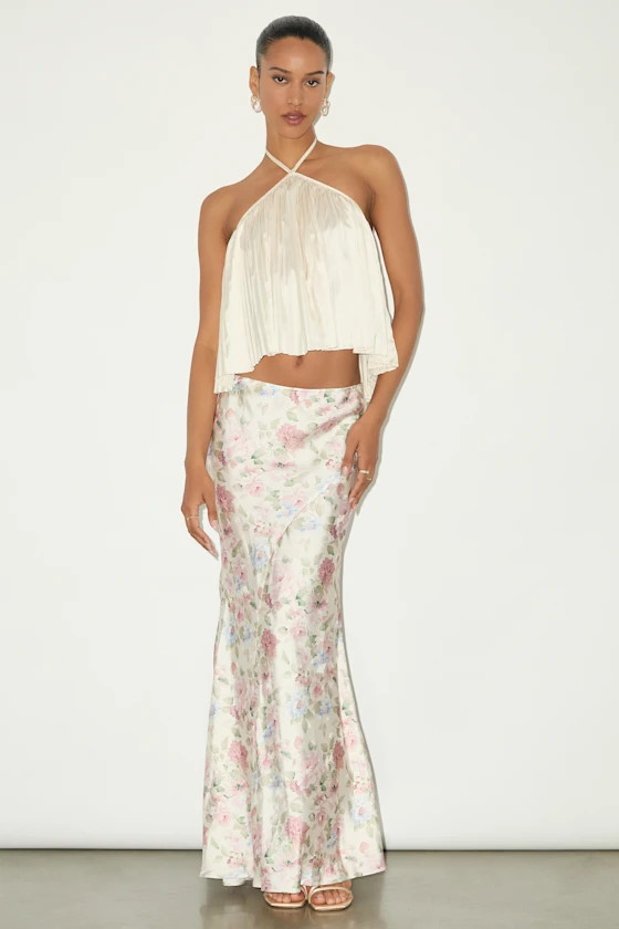 Damilla Ivory Floral Satin Maxi Skirt | Lulus