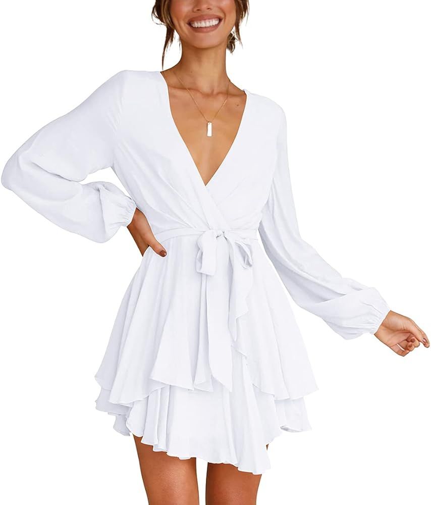deqiang Women Casual Dress Flowy Bohemian Tshirt Wrap Dress Tie Waist Shift Mini Dress Tunic | Amazon (US)