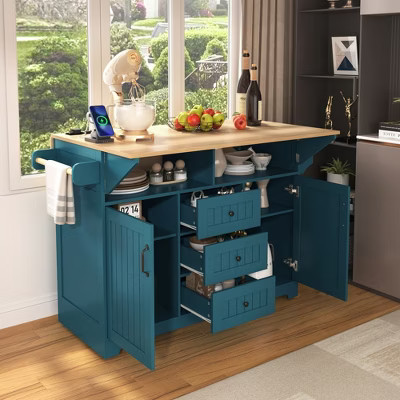 Whisen Modern Rolling Kitchen Island and Cart with 2 Drop Leaf, Power Outlet and Drawers - Green | Target