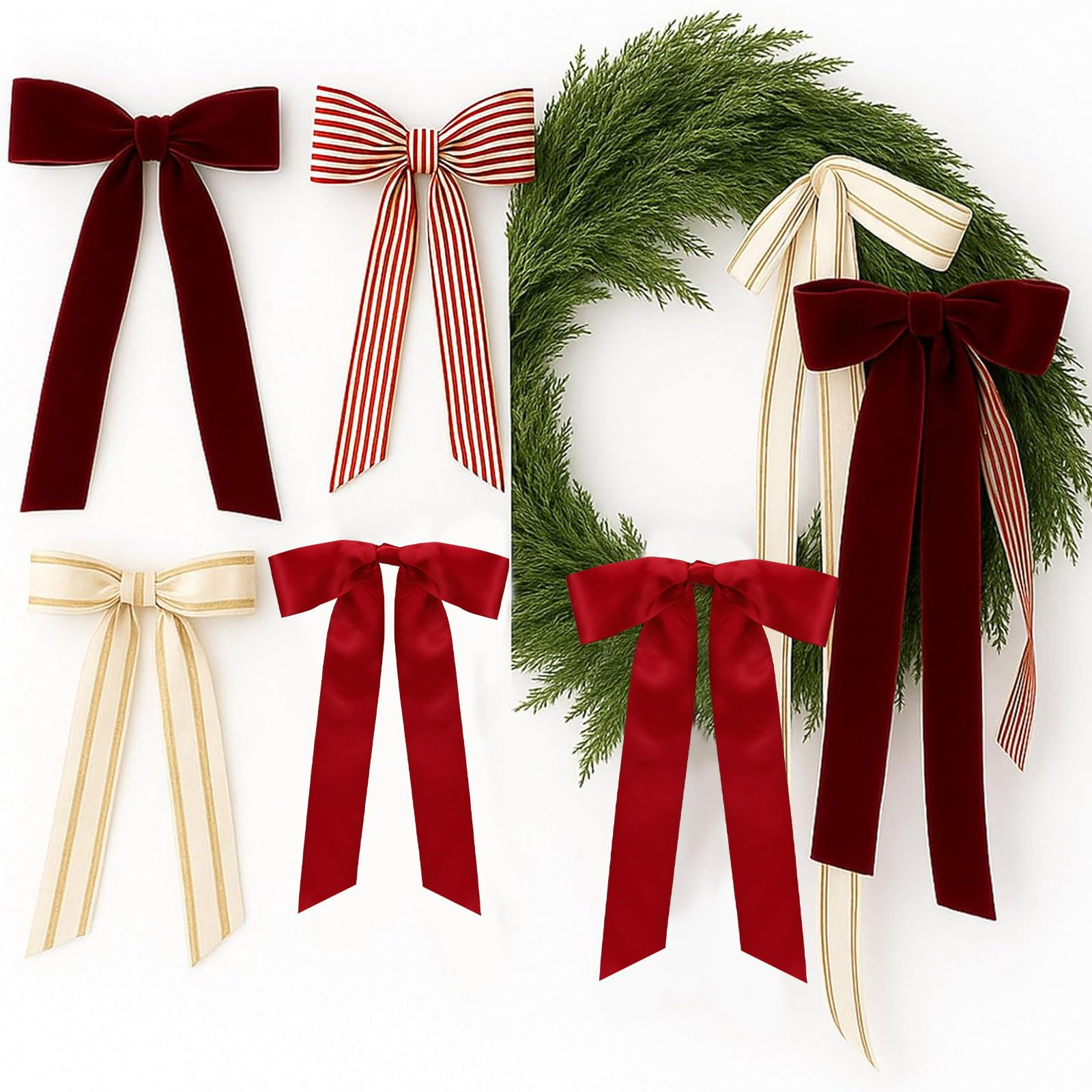 8 Pcs Christmas Wreath Bow Farmhouse Stripe Velvet Bows Ribbon Ornaments for Christmas Tree Topper Front Door Home Decor Winter Party Indoor Outdoor Decoration (Elegant) | Amazon (US)