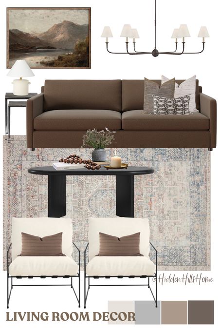 Living room decor inspiration, living room mood board, home decor, brown sofa, family room design, living room ideas #livingroom 

#LTKhome #LTKstyletip #LTKsalealert