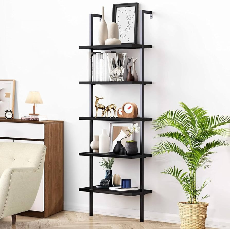 Yeysynana 5 Tier Ladder Bookshelf, Wall-Mounted Industrial Bookcase with Metal Frame,Vintage Pipe... | Amazon (US)