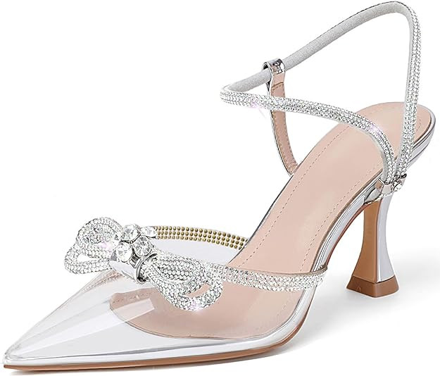 Susanny Women's Closed Toe Rhinstone Wedding Low Heel Slingback Clear Kitten Heels,Adjustable Str... | Amazon (US)