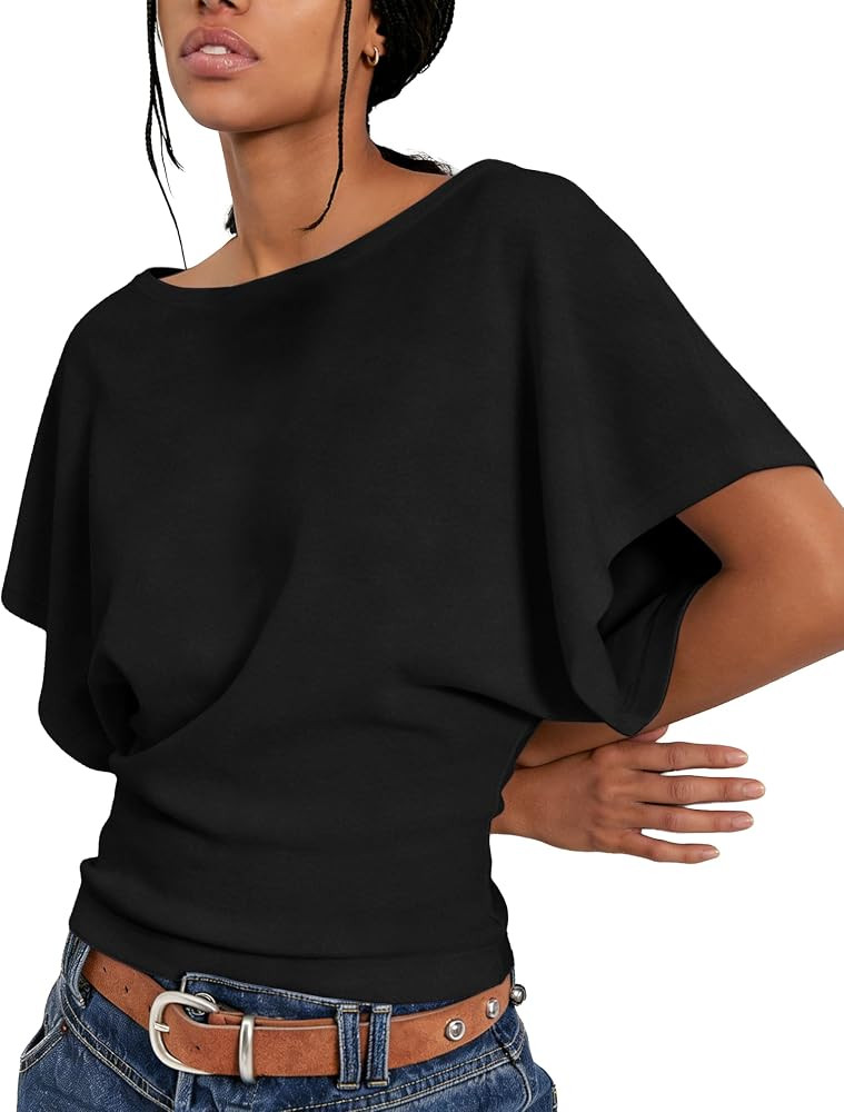 Boat Neck Batwing Tops for Women Cinched Waist Short Sleeve Loose Fit Tshirt Y2K Going Out Causal... | Amazon (US)