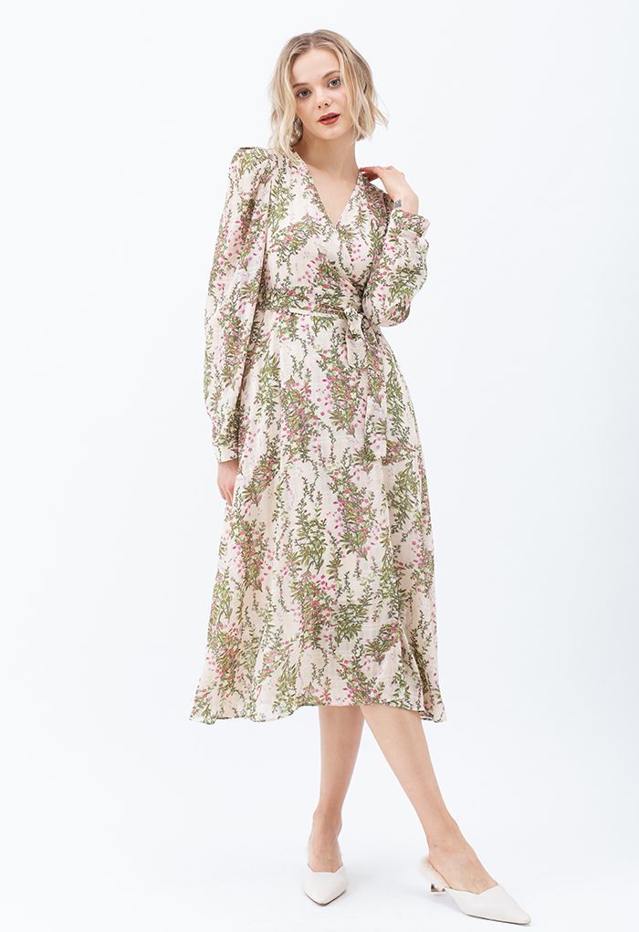 Floral Wrap Bowknot Chiffon Dress in Cream | Chicwish
