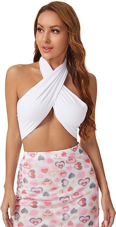 Verdusa Women's Sexy Sleeveless Halter Criss Cross Self Tie Backless Crop Top | Amazon (US)