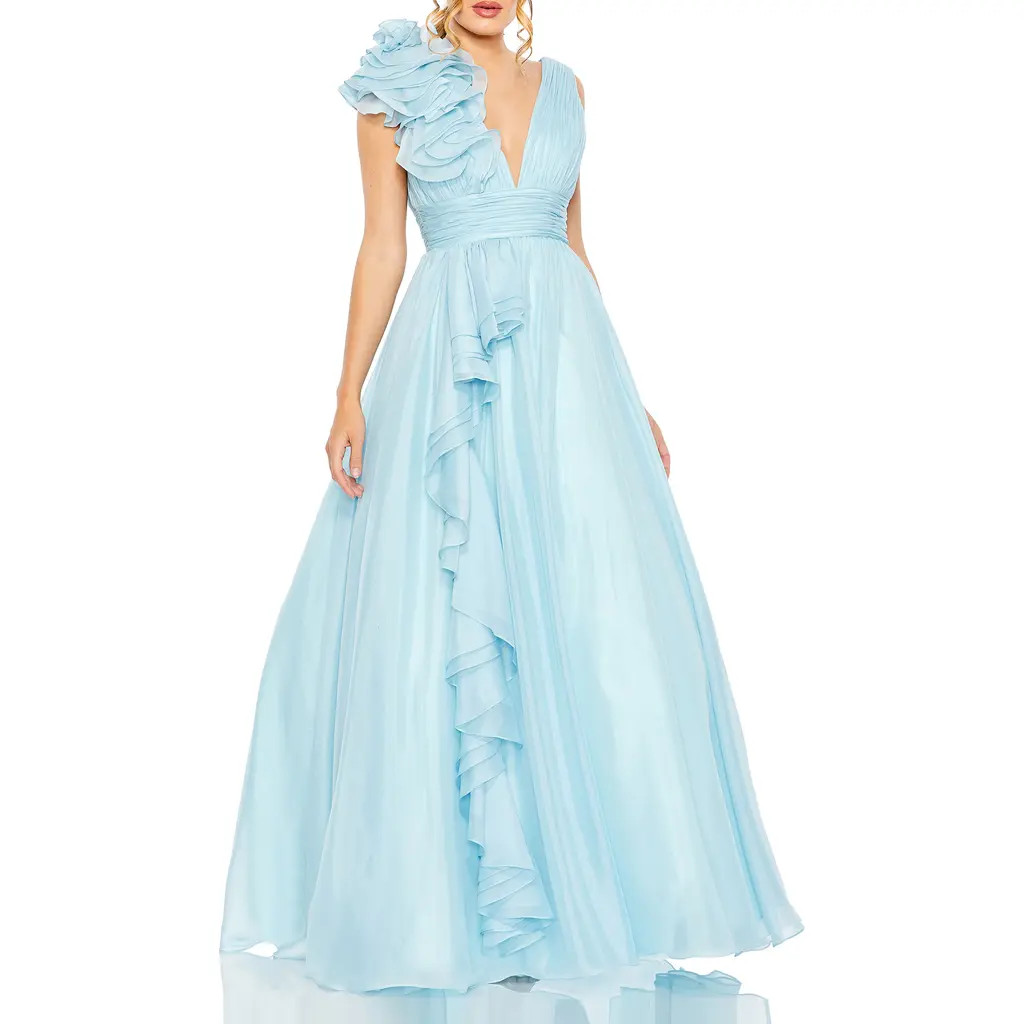 Mac Duggal Ruffle Shoulder V-Neck Chiffon Gown in Powder Blue at Nordstrom, Size 16 | Nordstrom