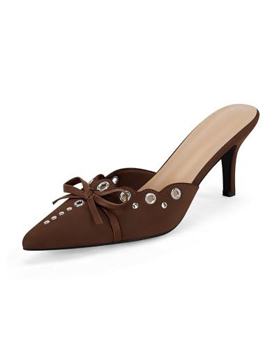 Coutgo Women's Bow Tie Mule Heels Pointed Toe Studded Backless Stilettos Slip On Dress Pump Shoes，Dark Brown, Size 9.5 | Amazon (US)