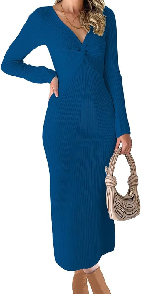 RAISECOM Womens Ribbed Knit Maxi Dresses Long Sleeve V Neck Casual Sweater Dress Bodycon Midi Dre... | Amazon (US)