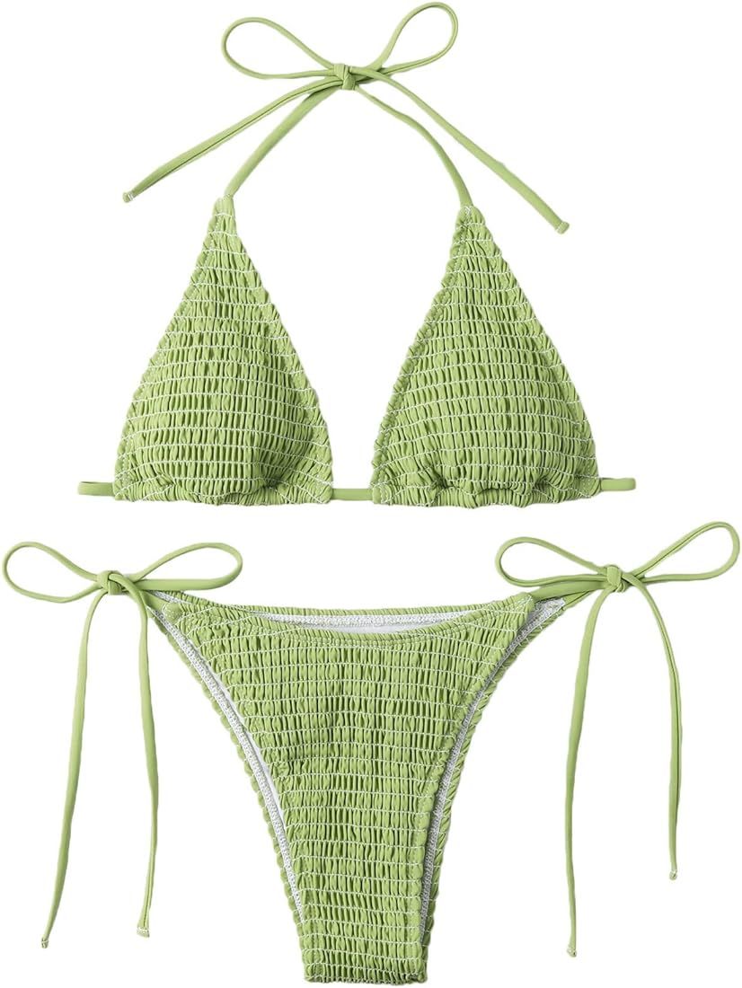 SweatyRocks Women's 2 Piece Triangle Bathing Suit Halter Top ​Tie Side Thong Bikini Swimsuits | Amazon (US)