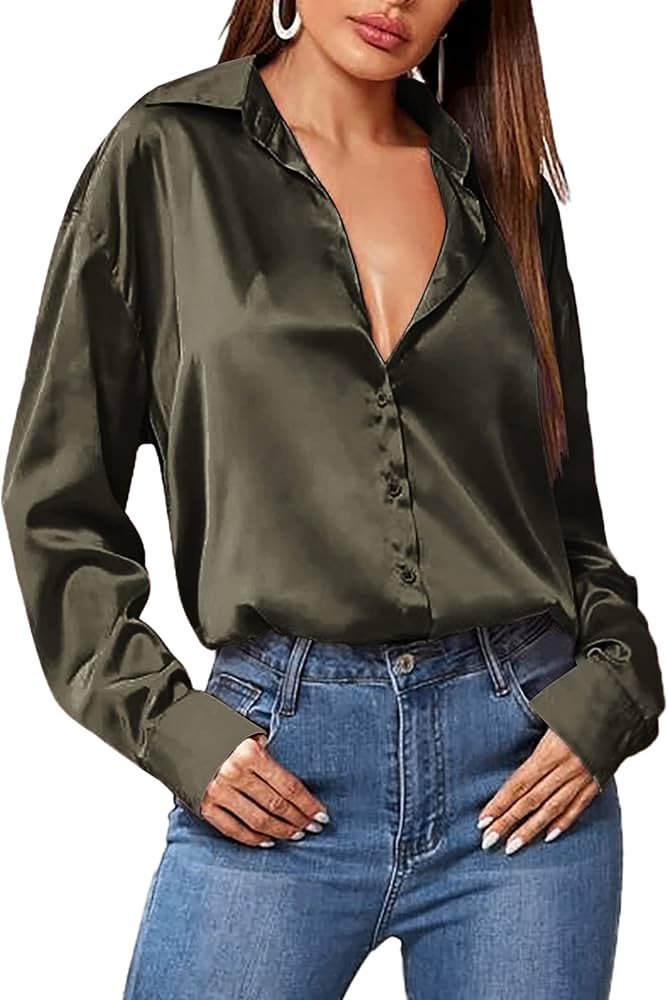 Hotouch Green Satin Blouse Silk Button Up Shirts for Women Long Sleeve Tops Silky Casual Office W... | Amazon (US)