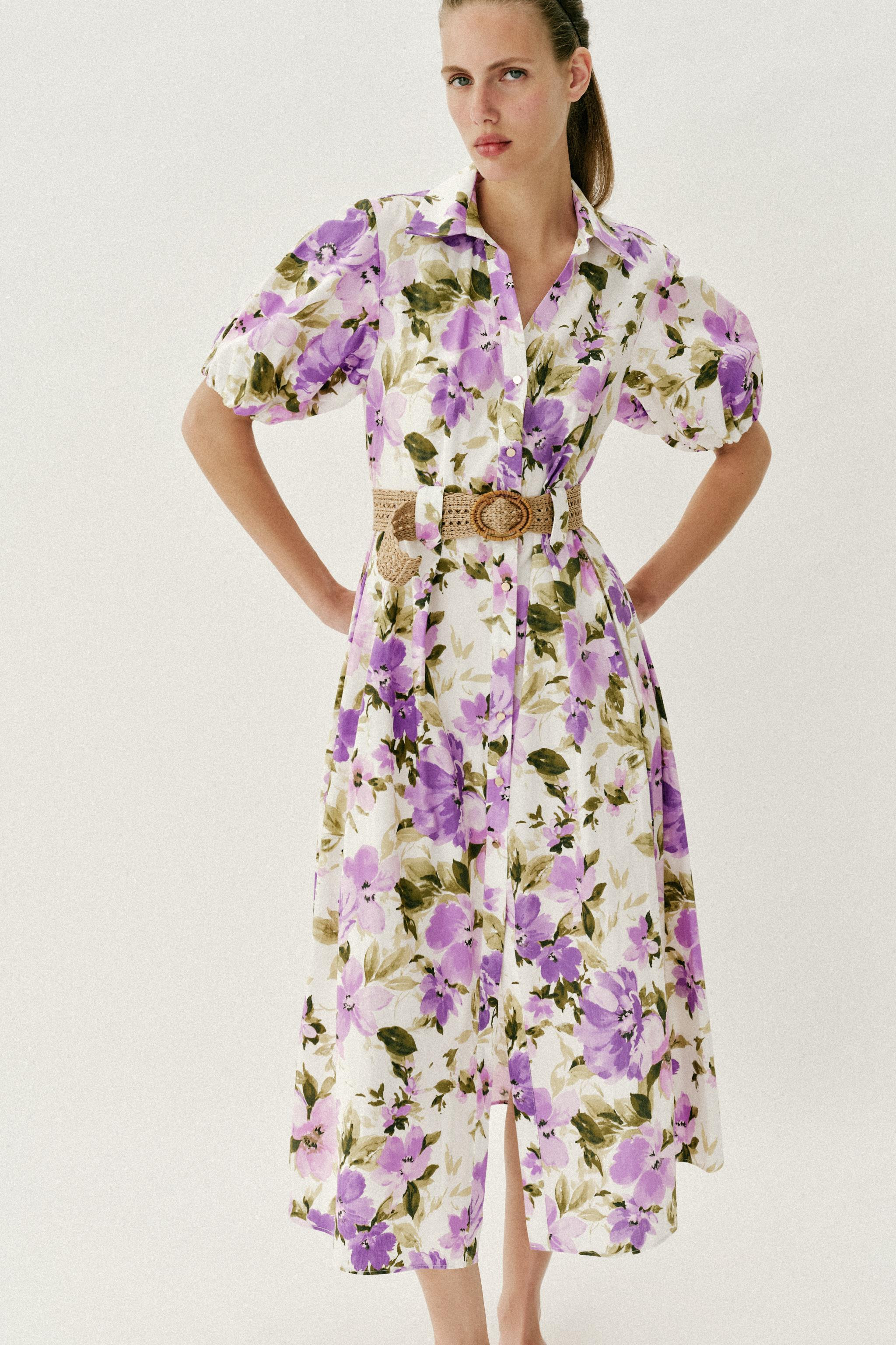 FLORAL PRINT BELTED MIDI DRESS | Zara US