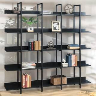 70.87 in. Tall Industrial Style MDF 5-Shelf Bookcase with Metal Frame, Tall Open Storage Book Shelves - Black | The Home Depot