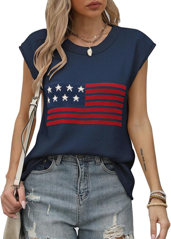 Alsol Lamesa Women’s American Flag Cap Sleeve Sweater Vest Knit Lightweight Crew Neck Tank Top | Amazon (US)
