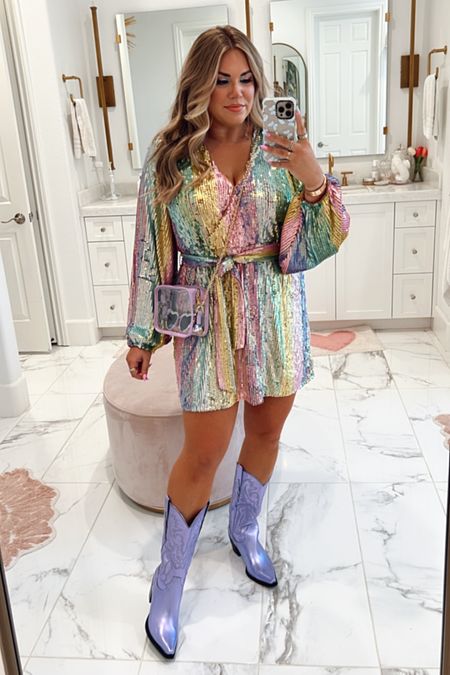 curvy Taylor Swift Eras Tour concert  outfit! wearing size xl in rainbow sequin dress and size 8 in metallic lilac boots 

#LTKcurves #LTKshoecrush #LTKFind