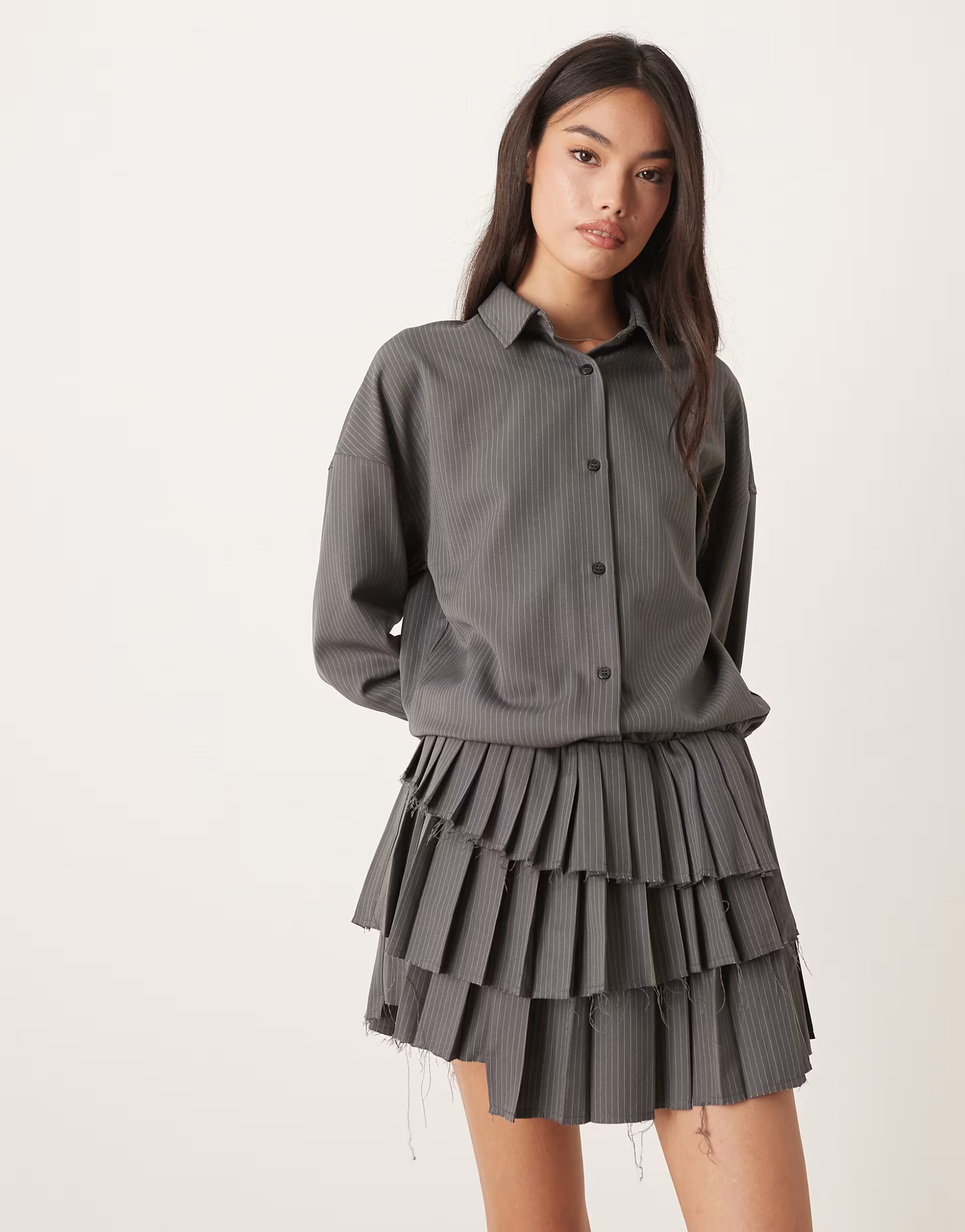 ASOS DESIGN drop waist mini shirt dress with pleated skirt in gray stripe | ASOS | ASOS (Global)