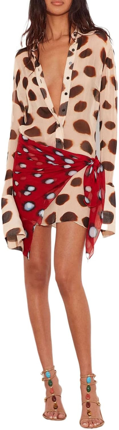 THLAI Women Two Piece Outfits Leopard Print Shirt Dress with Red Printed Wrap Skirt Chic Casual Party Club Elegant Sets | Amazon (US)