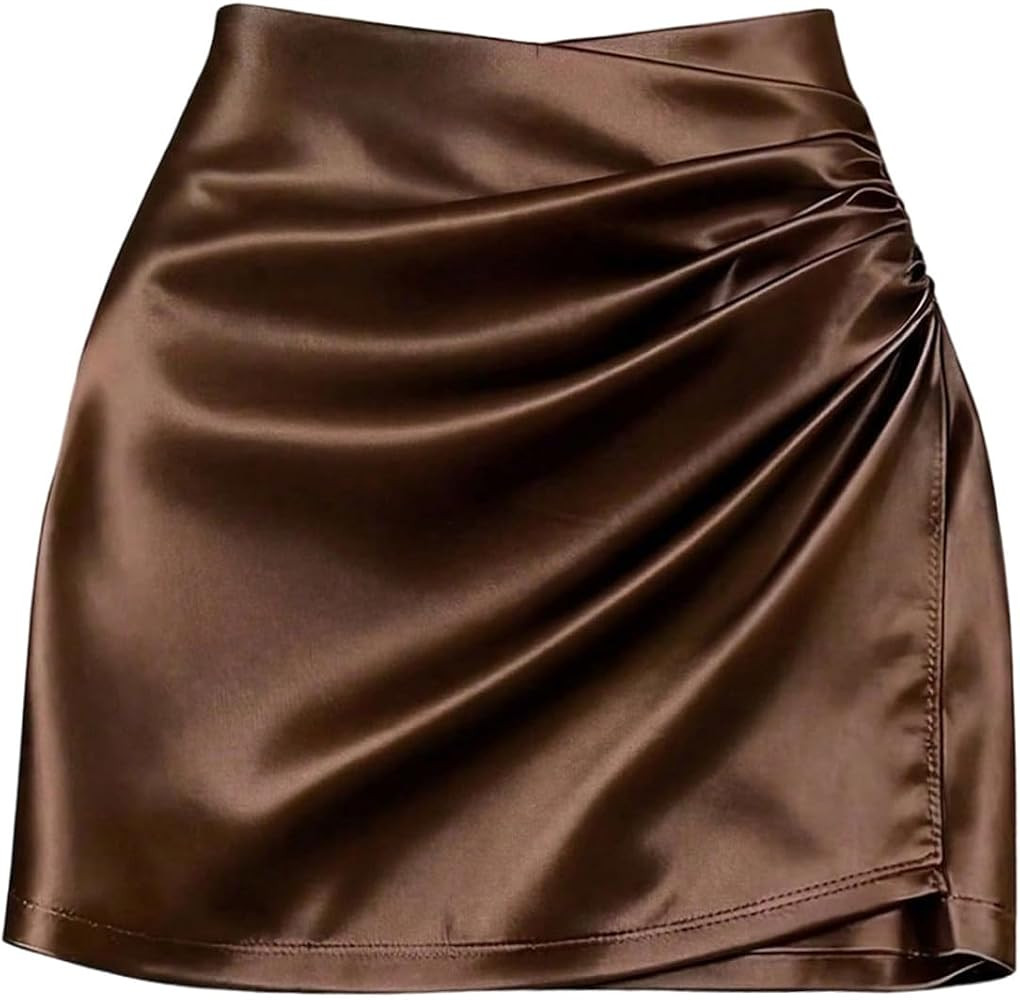 SHENHE Women' Satin Wrap Skirt Ruched Bodycon Dressy Silky Mini Skirt | Amazon (US)