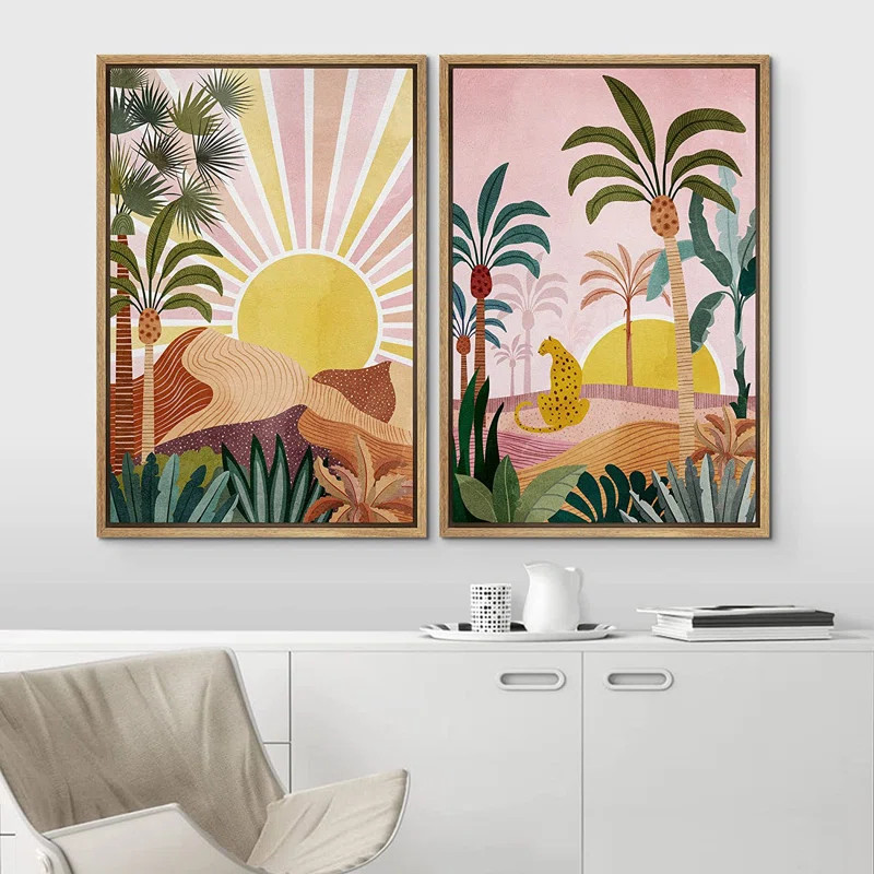 Bright Preppy Animals " Sunlight Over Tropical Jungle Cheetah Cat Nature " 2 - Pieces | Wayfair North America
