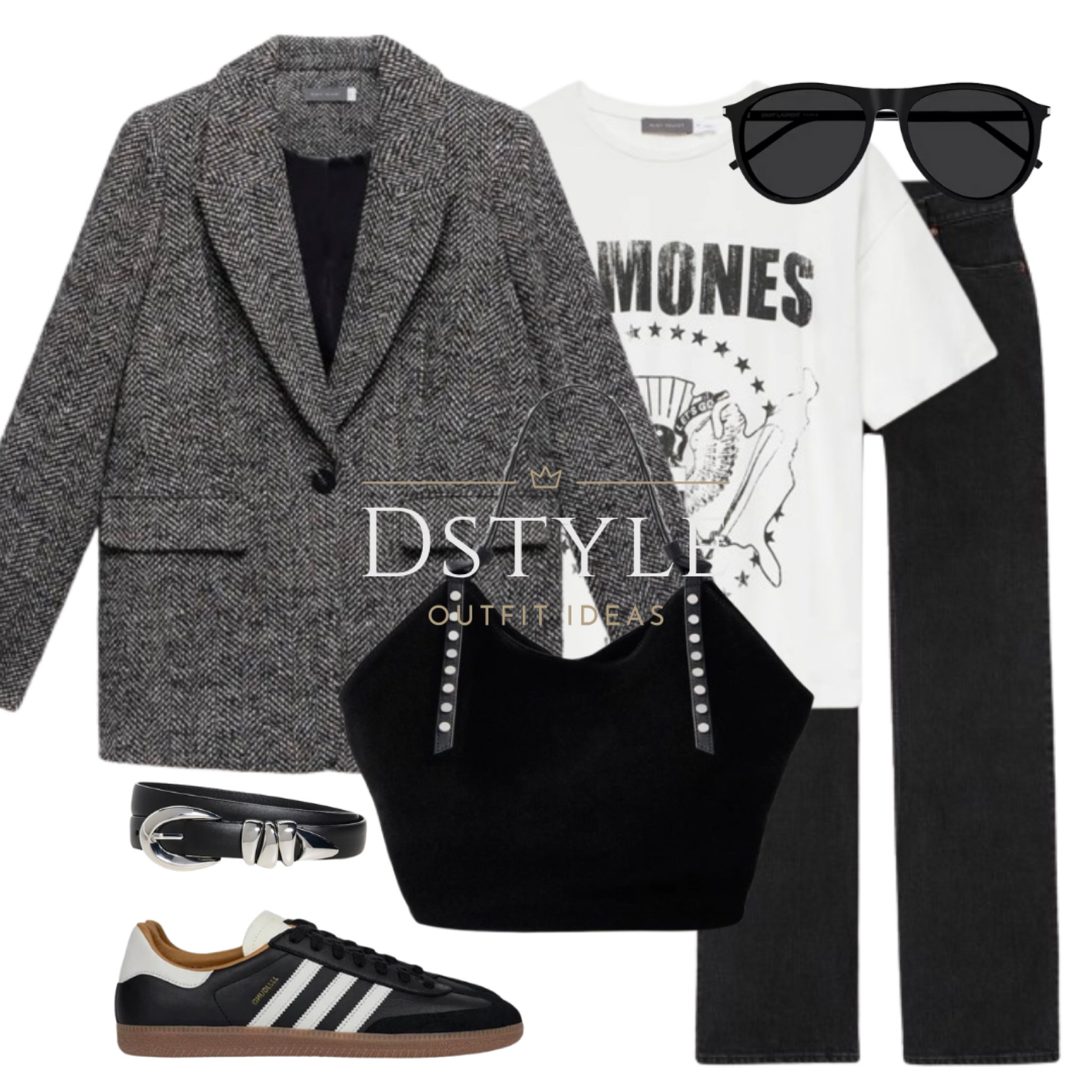 Black herringbone blazer coat, white graphic t-shirt, black jeans, black suede bag, black leather belt, black Adidas Samba

#LTKStyleTip #LTKShoeCrush #LTKWorkwear