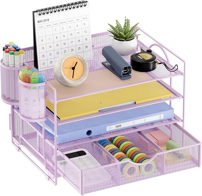 Marbrasse 4-Trays Desk File Organizer with 2 Pen Holder, Desktop Hanging File Holder with Drawer,... | Amazon (US)