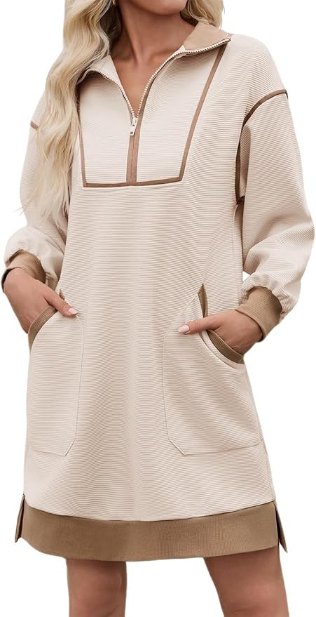 Wenrine Women's Oversized Sweatshirt Dress Half Zip V Neck Long Sleeve Contrast Fall Casual Mini ... | Amazon (US)