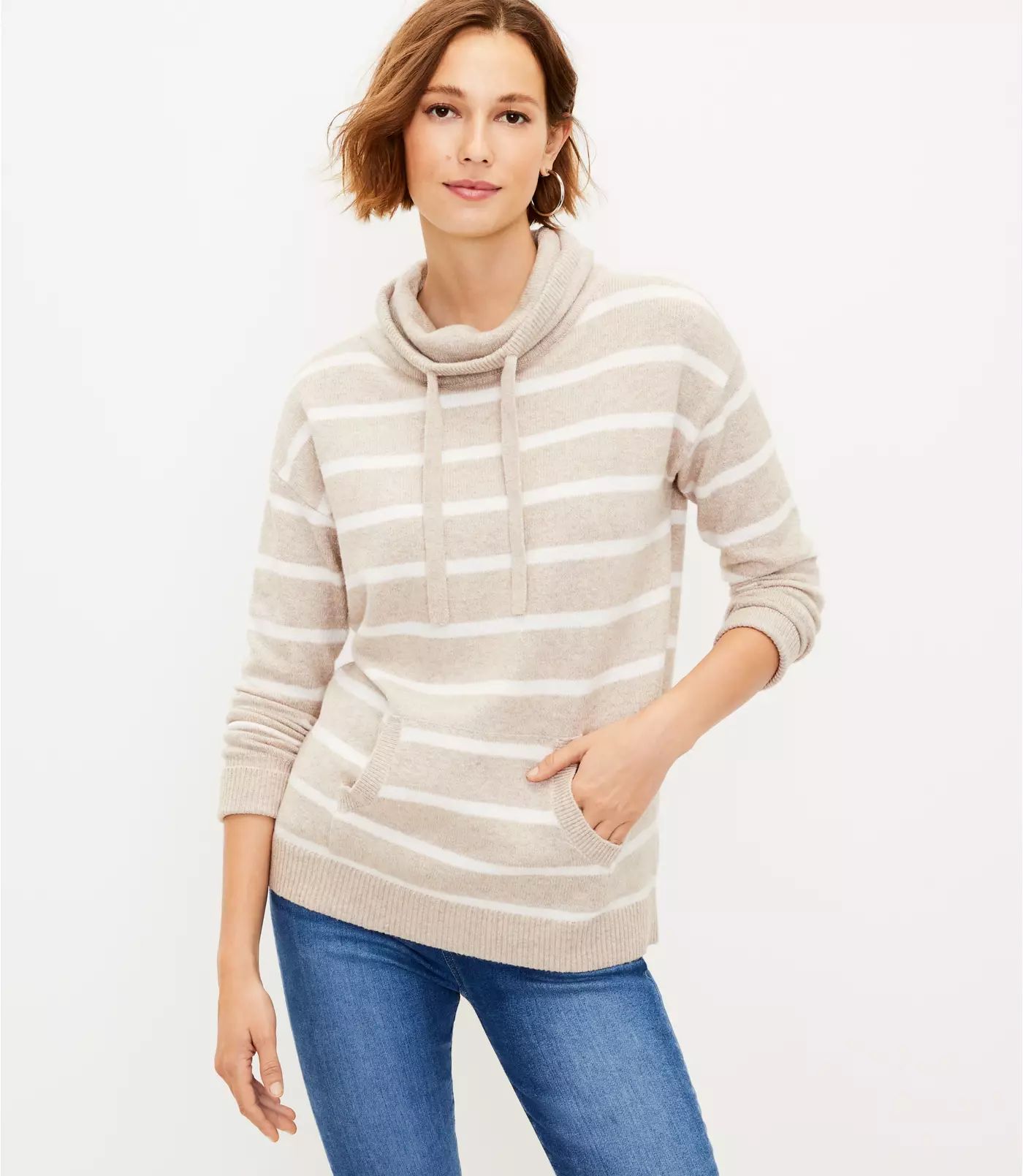 Striped Cowl Neck Pocket Tunic Sweater | LOFT | LOFT