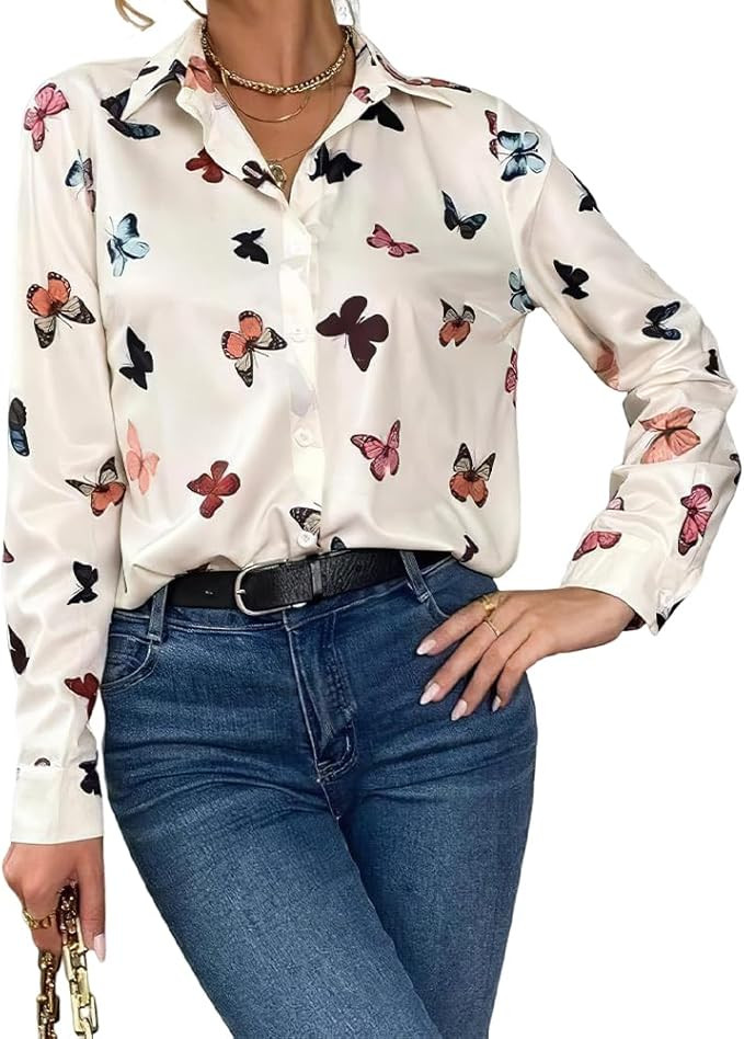 Womens Button Down Butterfly Print Shirt Work Tops Plus Size Dressy Casual Comfy Long Sleeve Fall... | Amazon (US)
