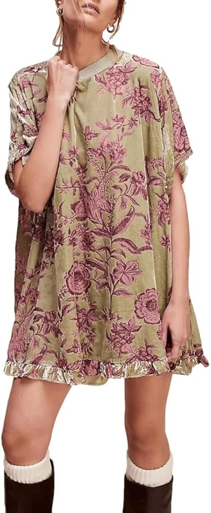 Women's Summer Vintage Velvet Dress Floral Printed Mini Flowy Dress Round Neck Short Sleeve Dress | Amazon (US)