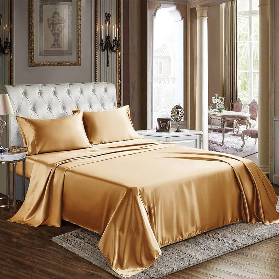 CozyLux Satin Sheets King Size - 4 Piece Gold Bed Sheet Set with Silky Microfiber, 1 Deep Pocket ... | Amazon (US)