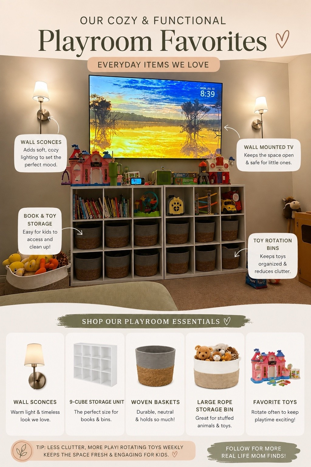 Playroom favorites that make our space feel cozy, organized & actually functional for little ones 🤍✨

I love keeping everything simple and easy for the kids to access (and put away 🙌). Some of our most-used playroom finds:

🤎 Two 9-cube storage units side by side for lots of storage
🧺 Woven baskets to hide the clutter while keeping toys within reach
✨ Wall sconces for warm, cozy lighting
🧸 Large rope basket for stuffed animals & bigger toys
🏰 Favorite playsets displayed on top so they’re easy to grab
📚 Books at kid-level to encourage independent reading time

One thing that has helped us: toy rotation! I keep fewer toys out at once and rotate them to make old toys feel new again.

Everything is linked so you can recreate the look! 🤎

#LTKHome #LTKFamily #PlayroomIdeas #PlayroomInspo #KidsPlayroom #ToyOrganization #PlayroomOrganization #KidsRoomIdeas #OrganizedHome #AmazonHomeFinds #MomFinds

#LTKmomlife #LTKHome #LTKKids