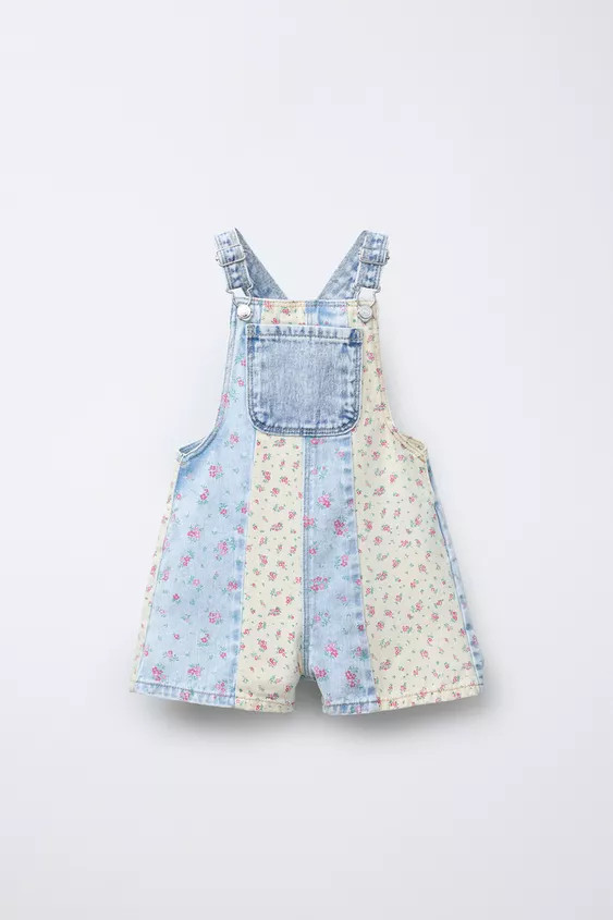 PATCHWORK FLORAL DENIM OVERALL SHORTS | Zara US
