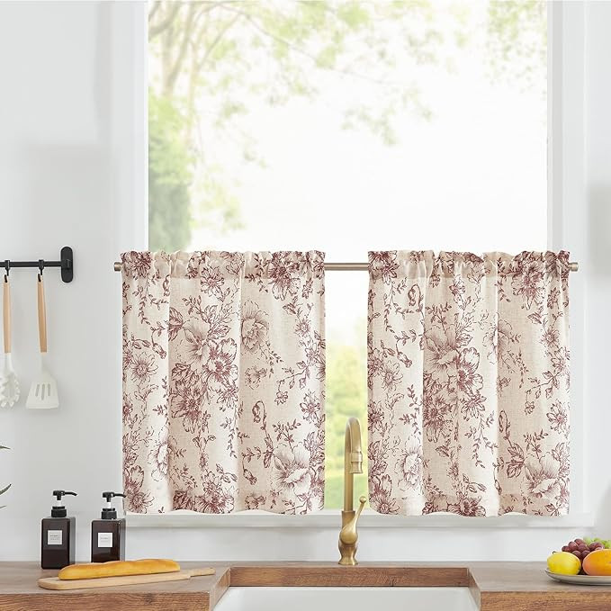 jinchan Floral Linen Tier Curtains Floral Brick Red on Beige Cafe Curtains 24 Inch Length Kitchen... | Amazon (US)