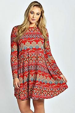 Plus Donna Paisley Long Sleeve Swing Dress | Boohoo.com FR