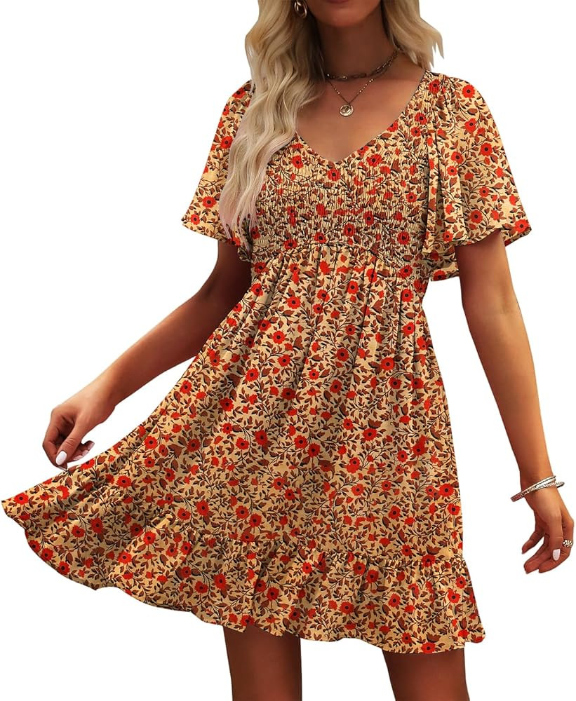 Womens Cute Floral Smocked V Neck Flutter Sleeve Sundress with Pockets Casual Spring Summer Dress... | Amazon (US)