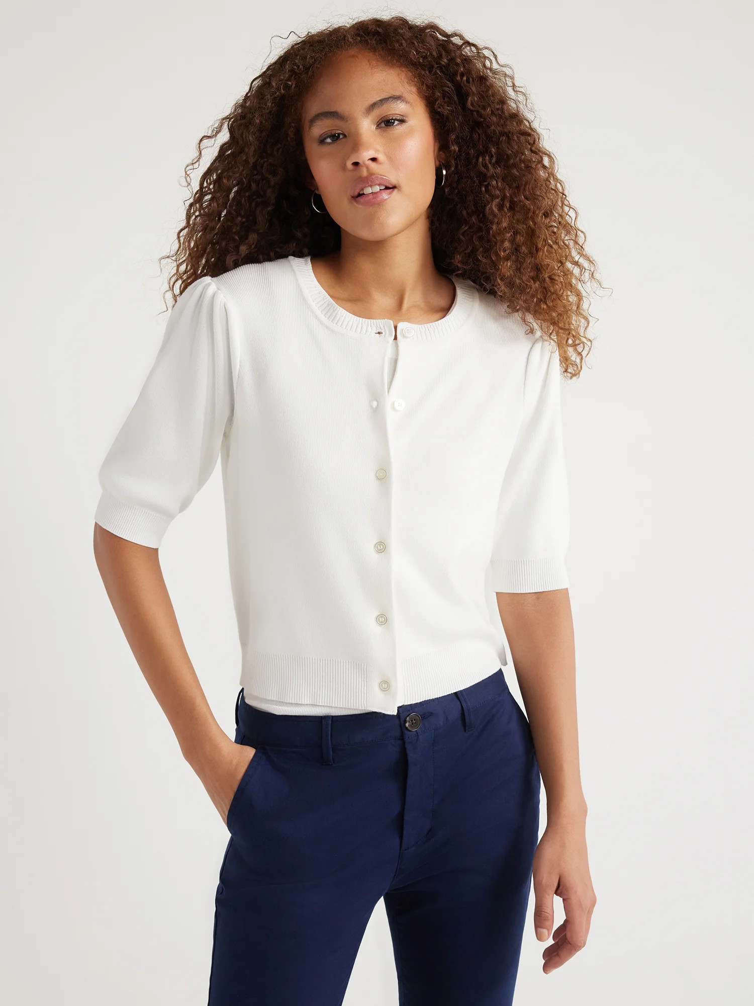 Free Assembly Women's Cardigan Sweater with Short Puff Sleeves, Midweight, Sizes XS-XXL - Walmart... | Walmart (US)