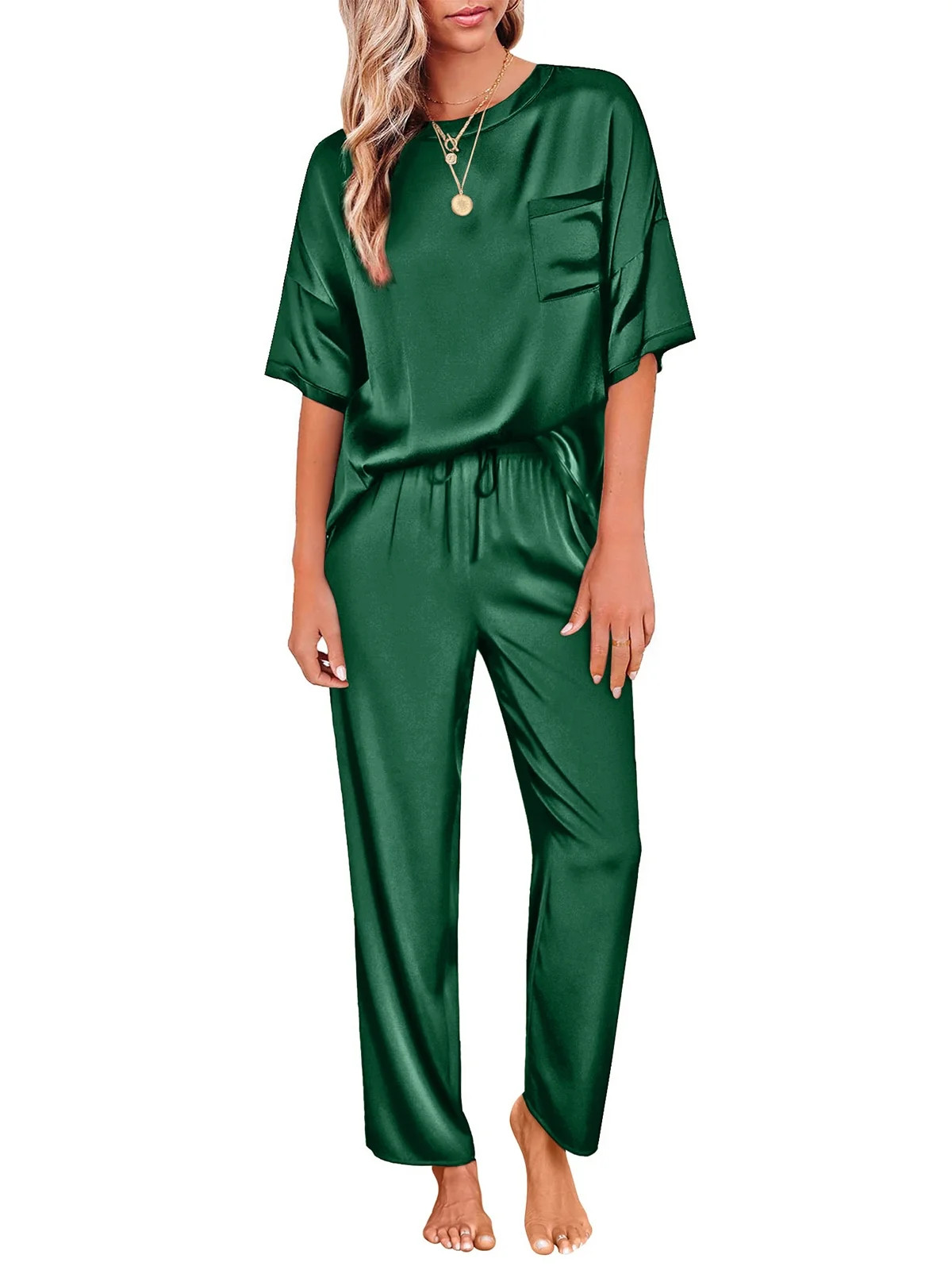 DAKIMOE Womens Silk Satin Pajama Set Short Sleeve Shirt with Long Pajama Pant Set Two-piece Pj Se... | Walmart (US)