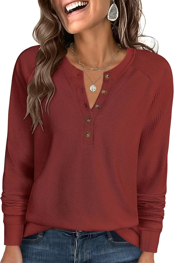 ANRABESS Women's Long Sleeve Waffle Knit Shirts Dressy Casual Loose Button Up V Neck Henley Tops ... | Amazon (US)
