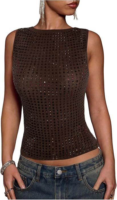 BEAUDRM Women's Sparkly Tank Top Glitter Rhinestone Club Festival Tops | Amazon (US)